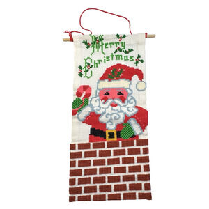Vintage Handmade Santa Christmas Card Holder Cross Stitch Wall Hanging Decor